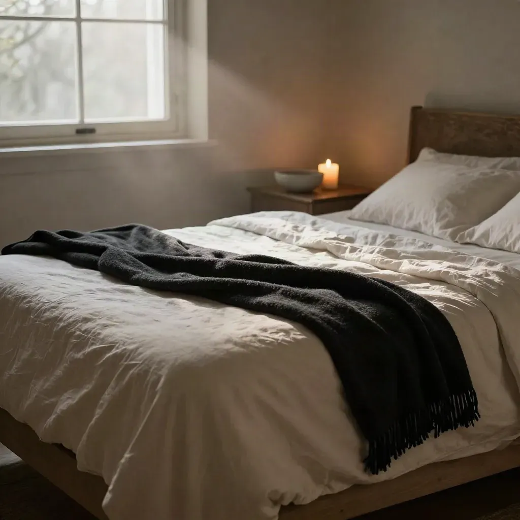 Rincón de dormitorio con cama revuelta, vela baja y cuenco cerámico junto a la ventana.