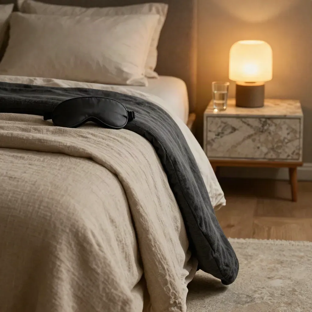 Cama con manta pesada, antifaz, vaso de agua y lámpara tenue sobre lino, en calma nocturna.