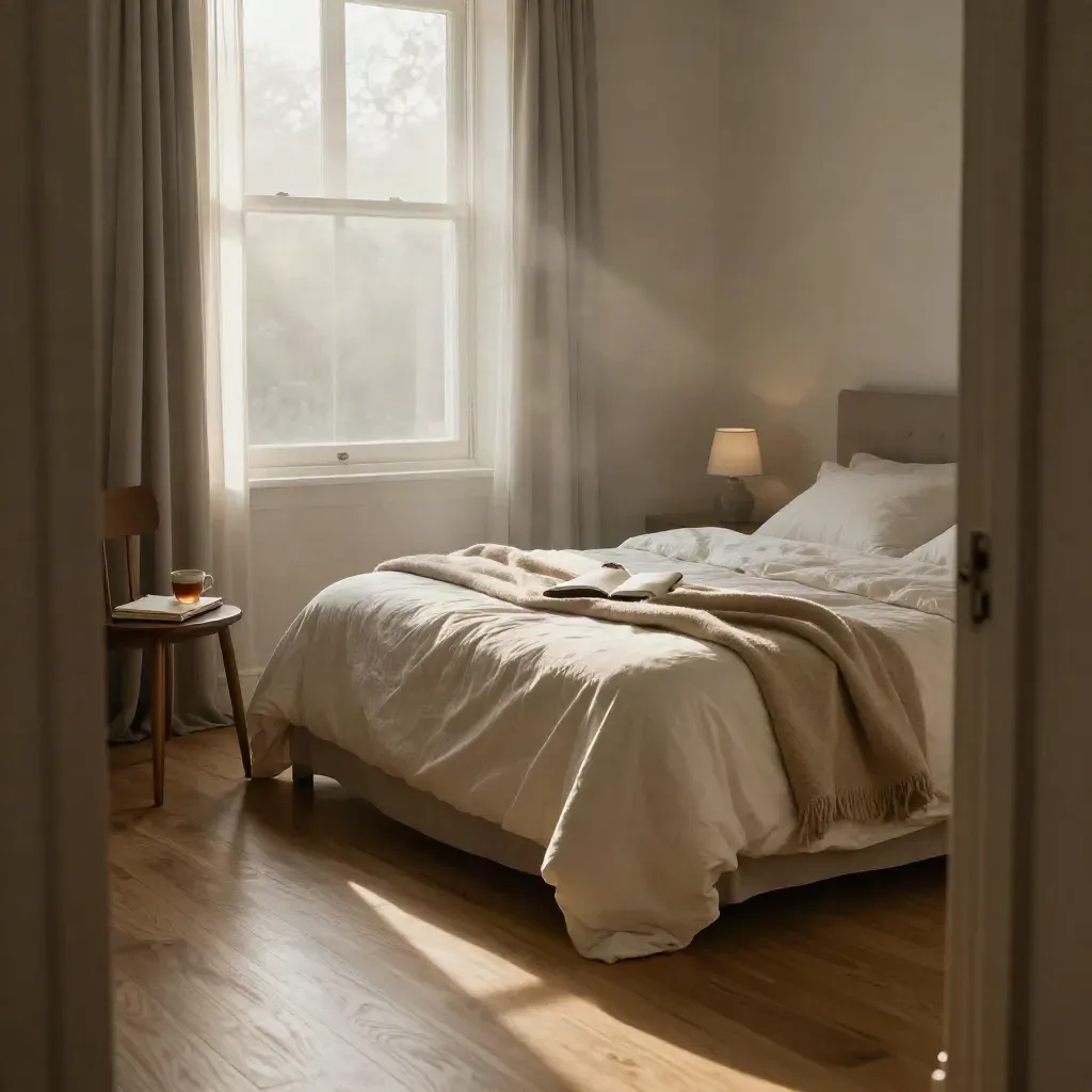 Dormitorio sereno al amanecer, cama hecha, té en la ventana y diario cerrado sobre una silla.