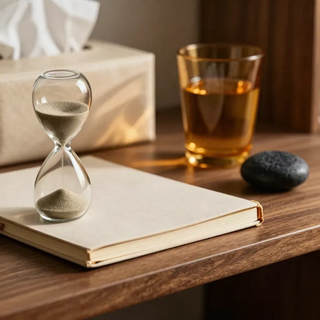 Estante de consulta con reloj de arena, libreta cerrada, vaso ámbar y pañuelos.