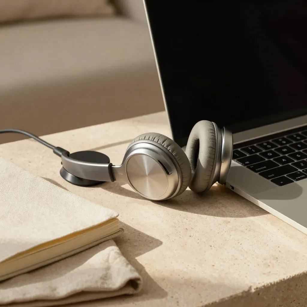 Portátil, auriculares y libreta sobre lino, en una mesa serena para terapia online.