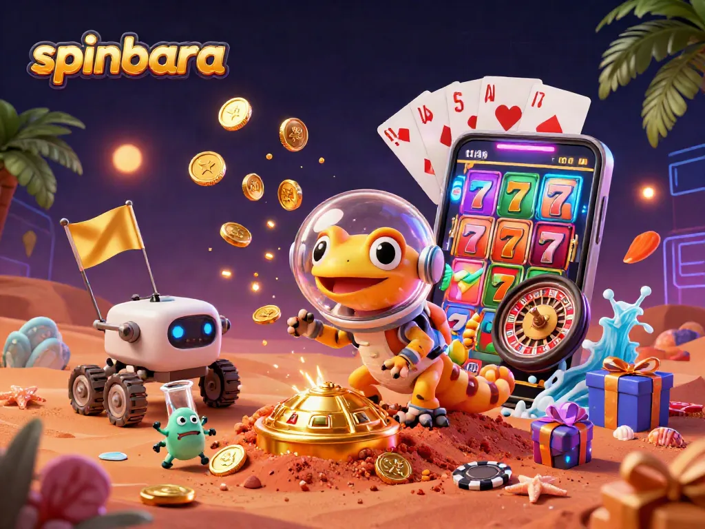 Spinbara casino scene featuring a Martian gecko, golden coins, and vibrant slot game elements.